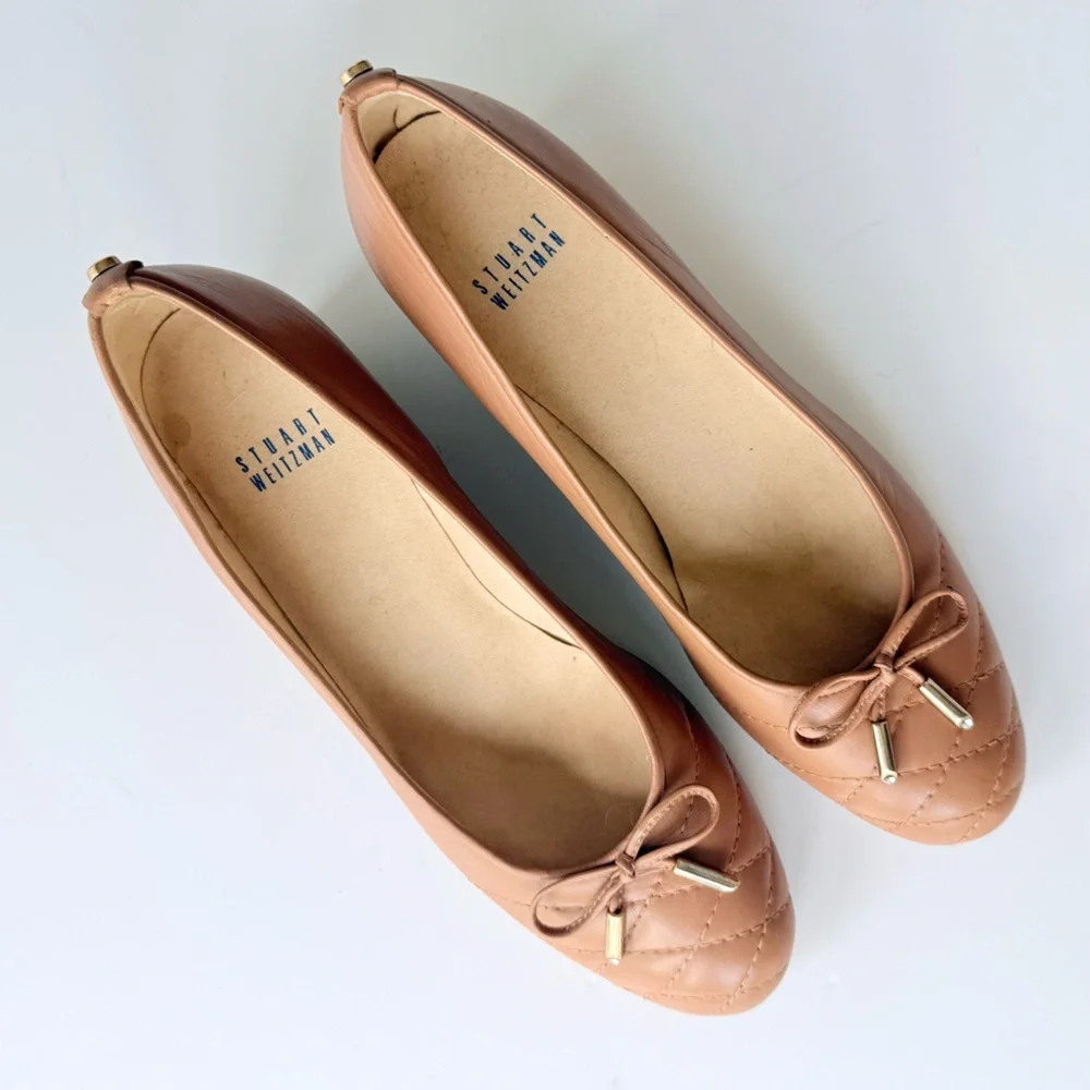 Stuart Weitzman Quilty Wedge in Camel / Tan Leather with Rhinestone Detail Bow 8 - Picture 7 of 16